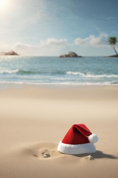 Chapeau de Noël sur la plage avec un ciel bleu et la mer en arrière-plan fond d'écran de Noël