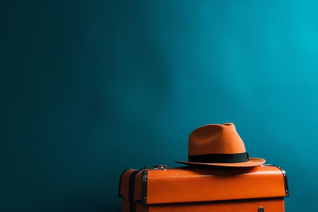 Un chapeau orange sur une valise