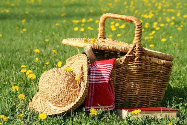 un chapeau de paille et un chapeaux de paille sont assis dans l'herbe avec des fleurs jaunes