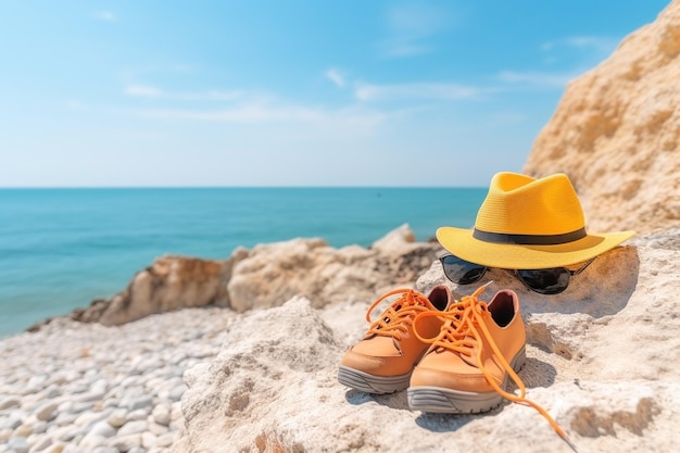 Chapeau de paille et chaussures avec paysage de plage d'été Ai généré