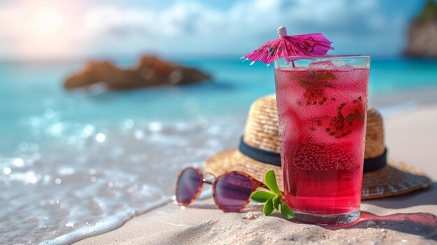 Un chapeau de paille avec un cocktail exotique et des lunettes de soleil sur une plage de sable Concept de vacances d'été