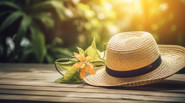 Photo un chapeau de paille est posé sur une table en bois avec une fleur dessus.