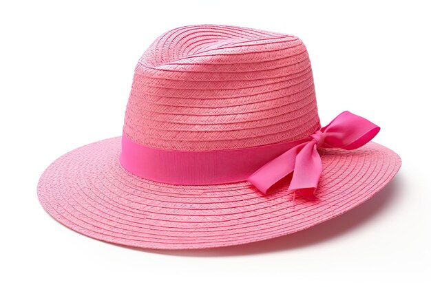 Chapeau de paille femme rose moderne avec du ruban adhésif dessus isolé sur blanc