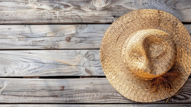 Photo chapeau de paille sur fond de bois rustique