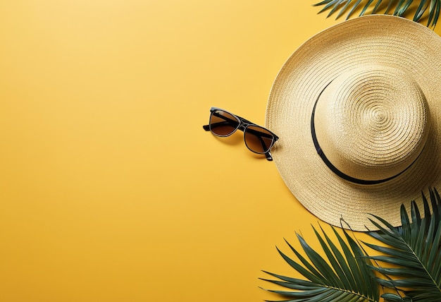 un chapeau de paille et des lunettes sur un fond jaune