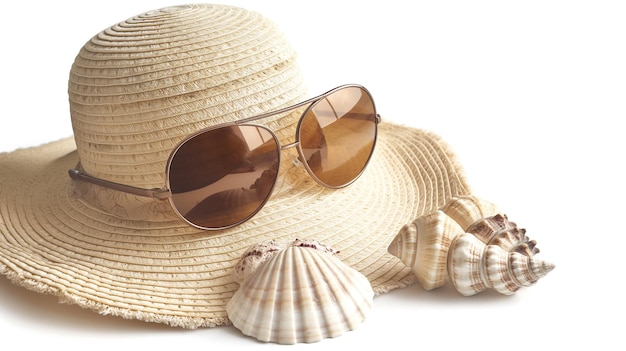 Chapeau de paille avec des lunettes de soleil et des coquillages sur un fond blanc