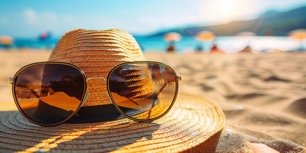 Un chapeau de paille avec des lunettes de soleil est assis sur une plage