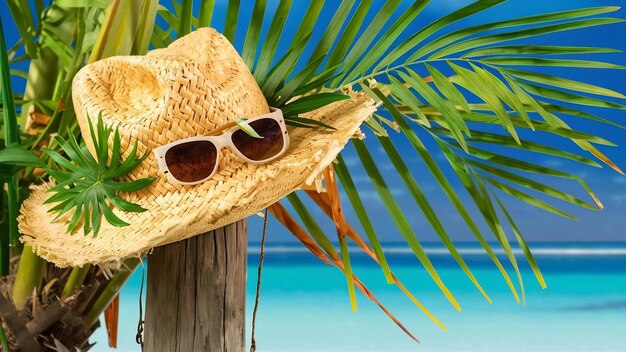 Chapeau de paille avec des lunettes de soleil et des feuilles de palmier
