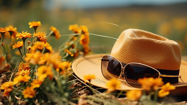 Photo chapeau de paille et lunettes de soleil sur l'herbe avec fleur jaune