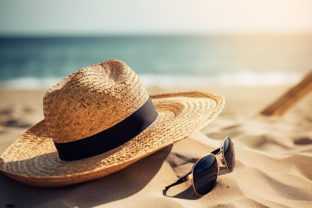 Chapeau de paille et lunettes de soleil sur la plage Concept de vacances à la plage