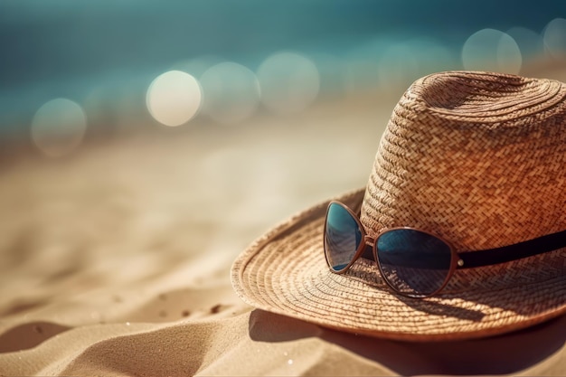 Chapeau de paille et lunettes de soleil sur la plage Selective focus Generative ai