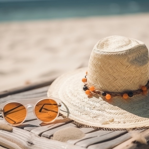 Un chapeau de paille et des lunettes de soleil sur une plage