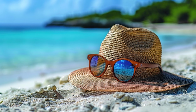 Un chapeau de paille et des lunettes de soleil reposant sur la plage de sable