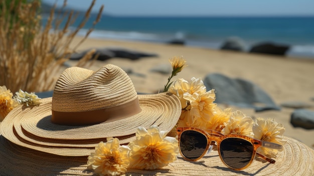 Chapeau de paille lunettes de soleil et serviette sur table en sable bronzé et mer bronzée