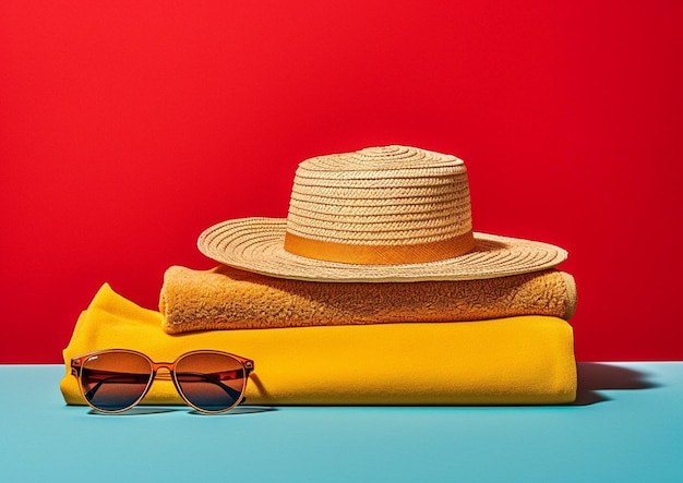 Un chapeau de paille et des lunettes de soleil sont posés sur une pile de serviettes.