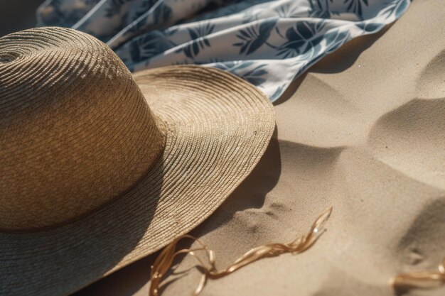 Photo chapeau de paille en osier et paréo sarong blanc bleu sur le sable de la plage concept de vacances en mer d'été