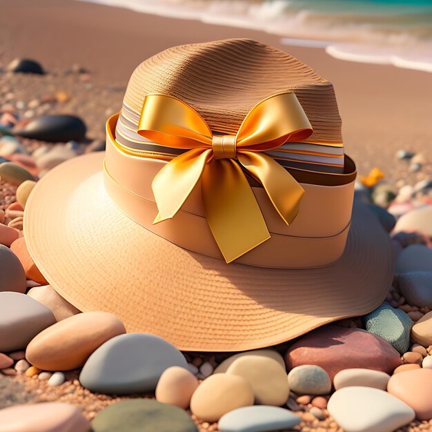 Chapeau de paille pour femmes avec un noeud sur fond de plage de galets