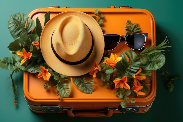 Chapeau de paille reposant sur une valise et lunettes de soleil sur un fond vert Concept de voyage et de vacances d'été