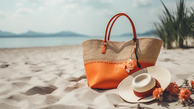 Chapeau de paille et sac de plage sur le sable