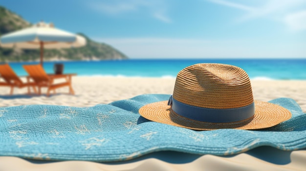 Chapeau de paille et serviette bleue sur la plage près de la mer Generative AI