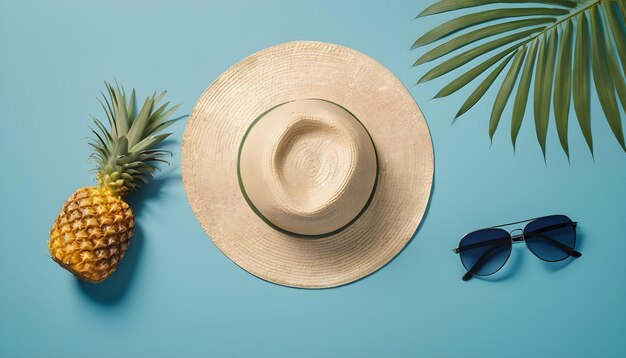 Un chapeau et un palmier sur un fond bleu