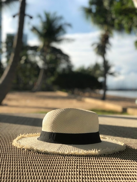 Chapeau Panama blanc sur table en bois