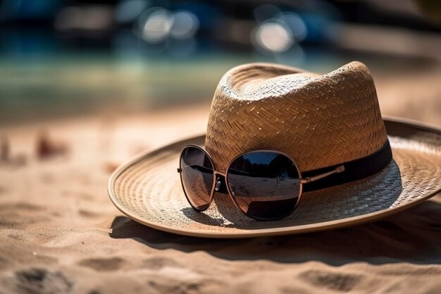 Chapeau panama et lunettes de soleil sur la plage créés avec une IA générative