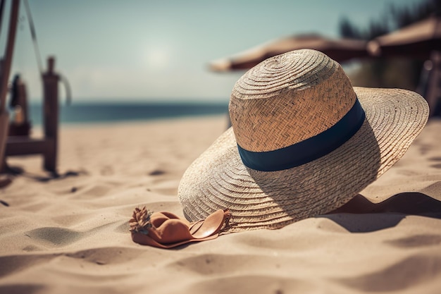 Un chapeau sur une plage avec une bande bleue dessus