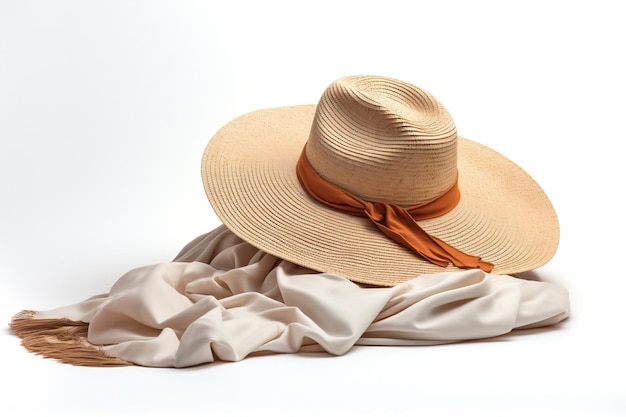 Chapeau de plage et couverture Créer un endroit confortable isolé sur un fond blanc