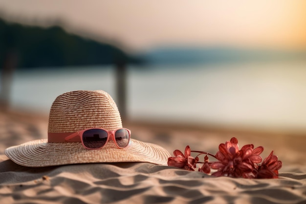 Un chapeau sur une plage avec une fleur dessus