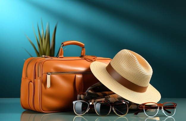 Un chapeau de plage, des lunettes de soleil et une valise colorée.