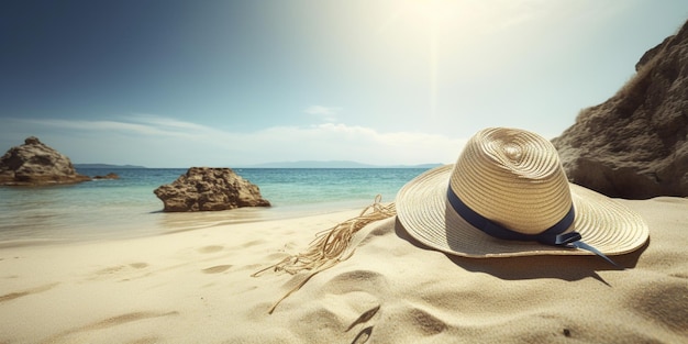 Un chapeau sur une plage avec l'océan en arrière-plan