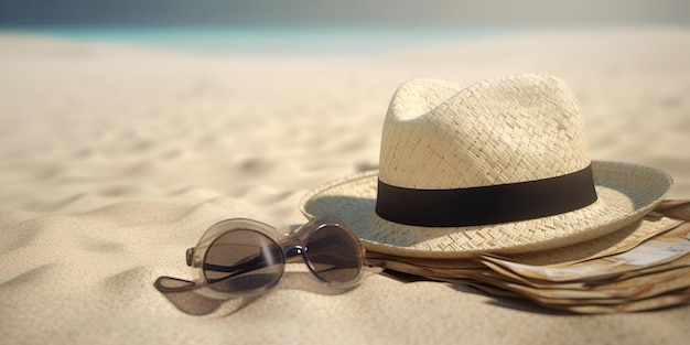 Chapeau de plage en paille et lunettes de soleil sur le sable Concept de vacance d'été généré par l'IA