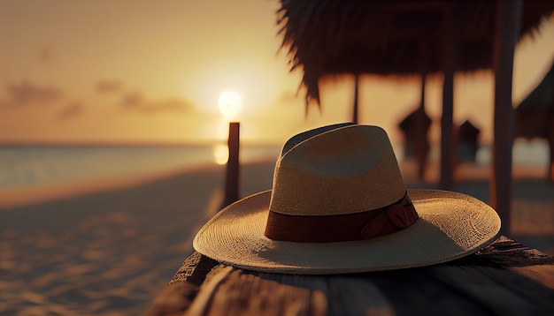 Chapeau sur la plage de sable avec coucher de soleil