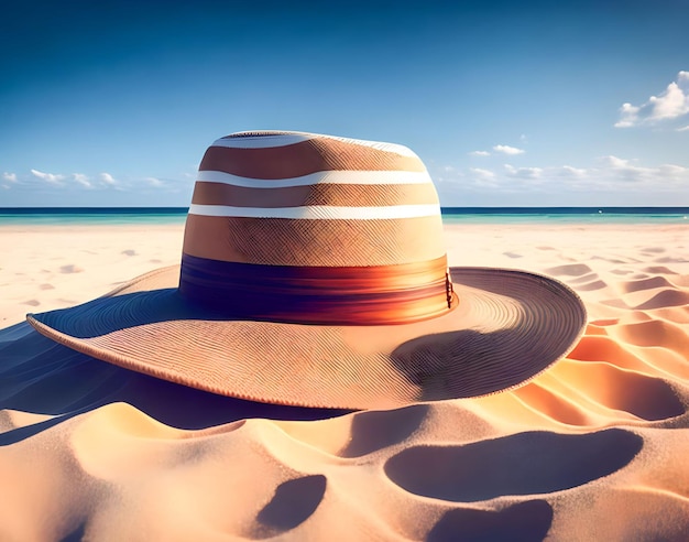 Un chapeau sur une plage avec le soleil qui brille dessus