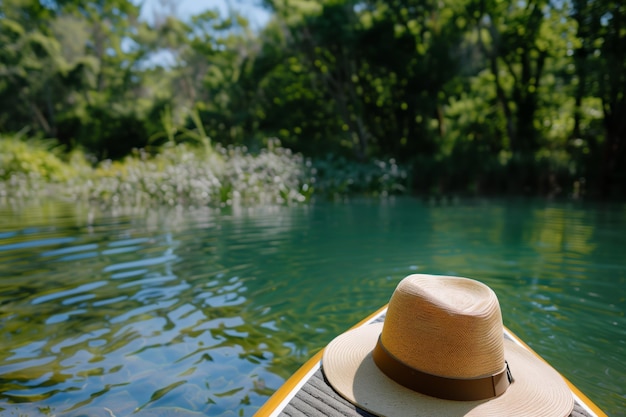 Photo un chapeau sur une planche à pagaie au bord d'un étang