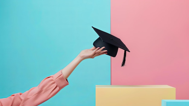 Chapeau de remise de diplômes à la main pour femmes à fond pastel
