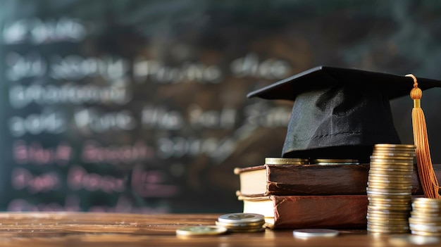 Un chapeau de remise des diplômes placé sur une pile de pièces et de livres académiques contre un tableau noir