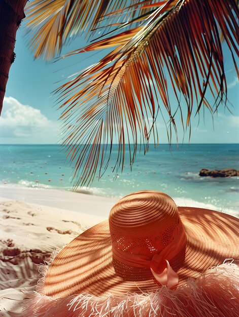 Un chapeau repose sur la plage de sable sous un palmier près des eaux azurées