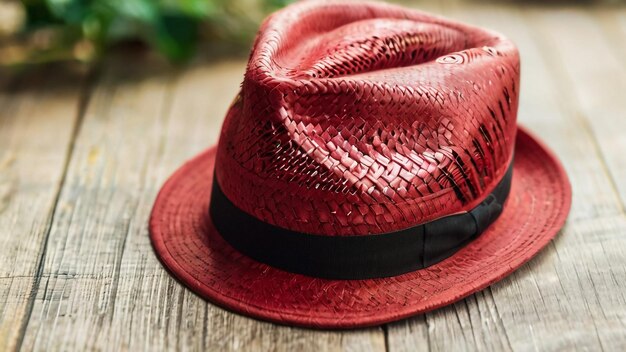 un chapeau rouge avec une bande noire sur lui est assis sur une table en bois