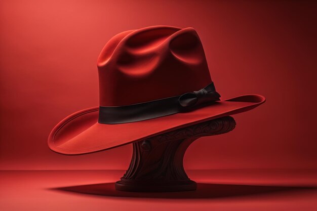 Photo chapeau rouge sur un support en bois sur un fond rouge génératif ai