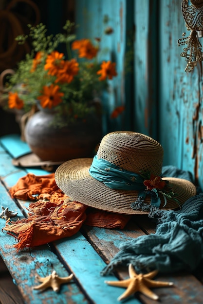 un chapeau avec un ruban bleu est assis sur une table en bois