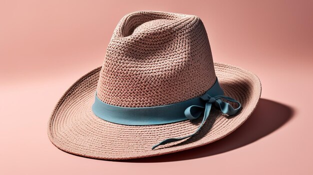 Un chapeau avec un ruban bleu est sur un fond rose.