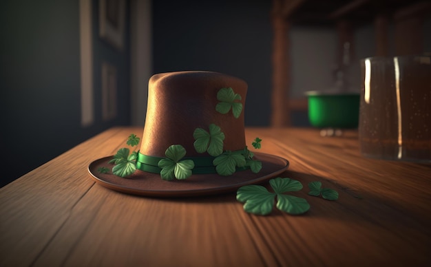 Chapeau de la Saint-Patrick sur une table en bois avec des trèfles porte-bonheur