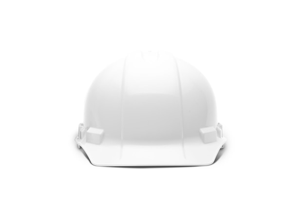 Chapeau de sécurité de construction blanc orienté vers l'avant isolé sur blanc prêt pour votre logo