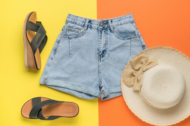 Chapeau short femme et sandales d'été sur fond jaune et orange Le concept minimum des vacances d'été
