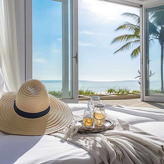 Un chapeau de soleil féminin sur un lit sur la plage