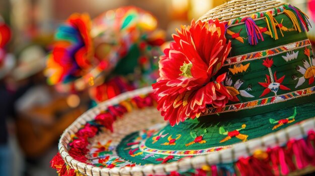 un chapeau de sombrero mexicain coloré décoré d'une fleur vibrante