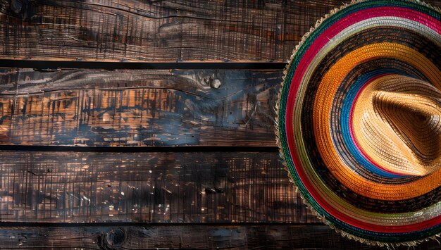 Chapeau de sombrero mexicain sur une vieille table en bois avec un fond coloré