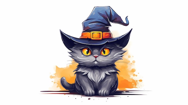 Chapeau de sorcier de dessin animé peint à la main, illustration de chat, festival d'Halloween